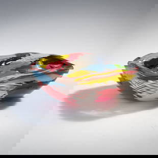 Dino Martens, 'Oriente' bowl, c. 1954: H. 4.5 cm; 13.3 x 13.3 cm. Execution: Aureliano Toso. Cased glass, colorless with powder inclusions in orange, yellow, light blue, dark blue, violet and aventurine.