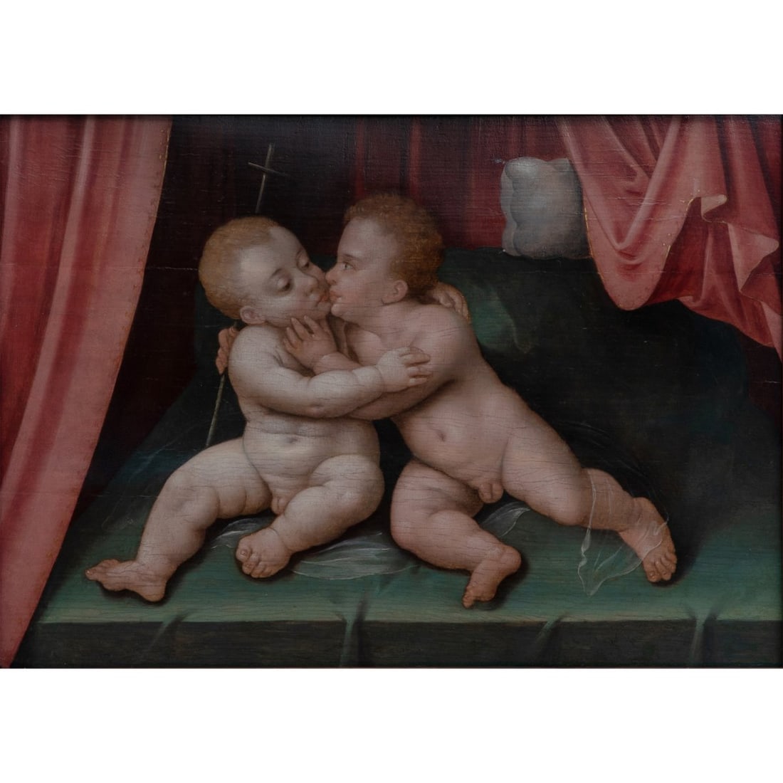 Joos van Cleve (1485 Kleve - 1540 Antwerp) (workshop), Christ and John the Baptist as children, 16th: Oil on timber. 28.0 x 39.5 cm (plate), 41.5 x 52.5 cm (frame).