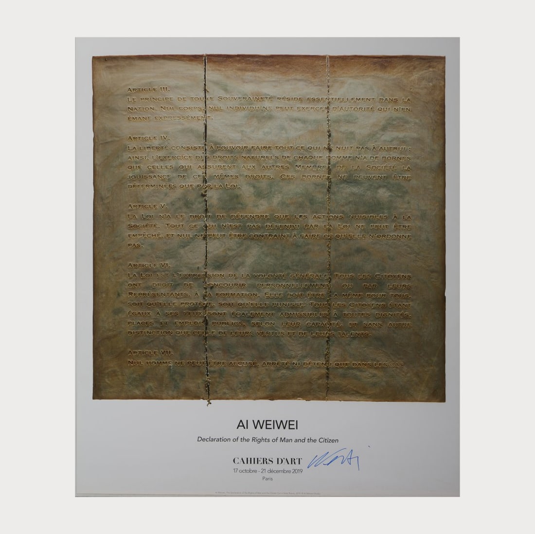Ai Weiwei (1957 Beijing - lives and works in Portugal), 'Declaration of the Rights of Man and the: Color offset lithograph on paper. 60.0 x 50.0 cm. Signed lower right: Weiwei Ai (blue fiber pen). One copy from an edition of 27 copies published by Cahiers D'Art, Paris. Loose in graphic folder.