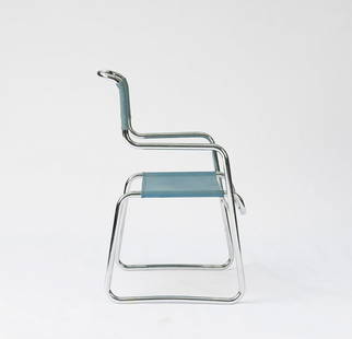 Armchair, 1930: Karel Ort. Armchair, 1930. H. 92 x 52 x 59 cm. Tube: D. 2.6 cm. Made by Hynek Gottwald, Usti nad Orlici. Chrome-plated tubular steel, light blue fabric.