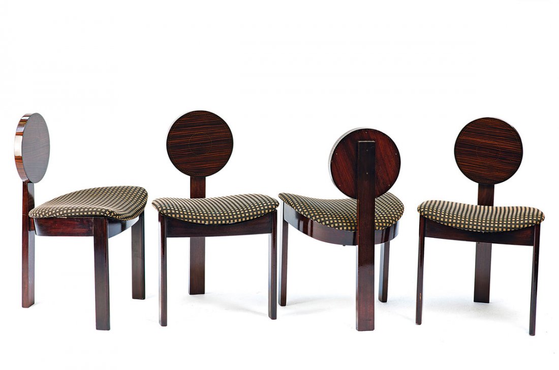 Four chairs, 1930s: AndrŽ Sornay. Four chairs, 1930s. H. 83 x 51 x 48 cm. Made by Studio Sornay, Villeurbanne. Beech, stained mahogany, macassar veneer, copper nails, black-beige fabric.