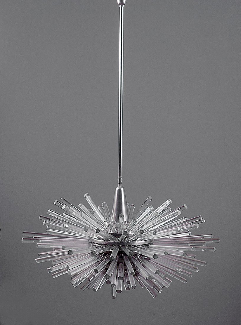 'Miracle' ceiling light, c1960: Bakalowits & Sons, Vienna. 'Miracle' ceiling light, c1960. D. 55 cm. Nickel-plated brass, glass rods.