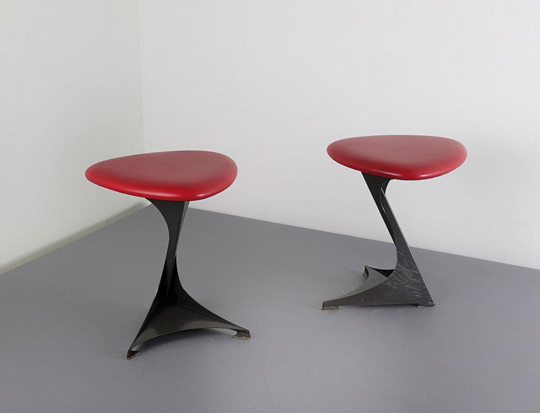 Pair of 'Tabourettli Theater' stools, 1986: Santiago Calatrava. Pair of 'Tabourettli Theater' stools, 1986. H. 48 x 41 x 42 cm. Made by De Sede, Klingnau. Sheet steel, enamelled dark grey, chipboard, red leather.