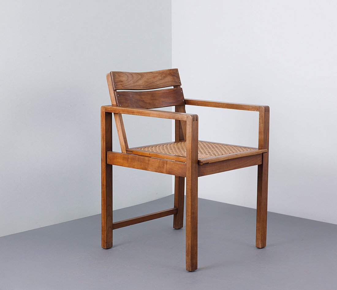 Armchair, 1926/27: Erich Dieckmann. Armchair, 1926/27. H. 77 x 53 x 57 cm. Made at Bauhochschule Weimar. Cherrywood, canework. Marked: Branding of Bauhochschule Weimar.