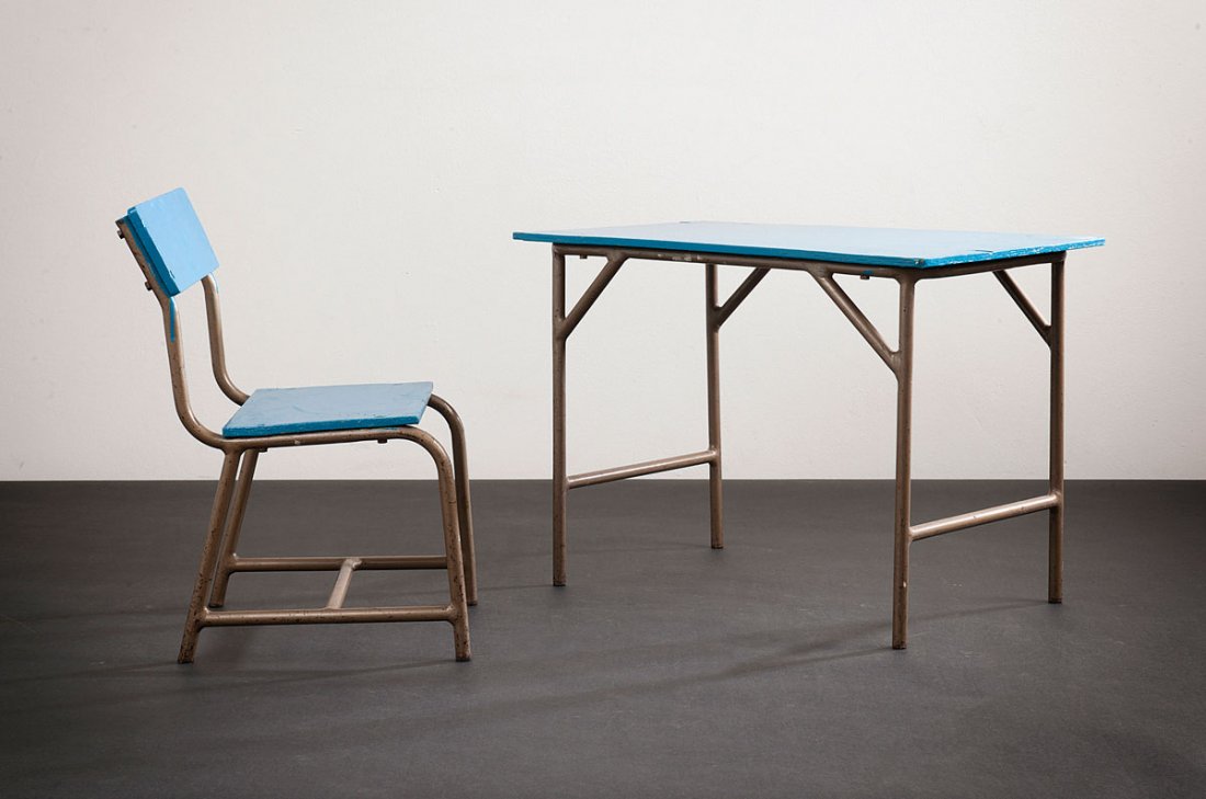 Table and chair, 1950s: Netherlands. Table and chair, 1950s. Table: H. 57,5 x 39 x 48,5 cm; chair: H. 49 x 28 x 36 cm. Wood, painted blue, tubular steel painted grey.