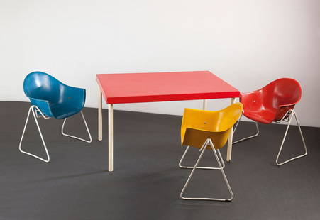 Three chairs, 1960: Wilkhahn, Eimbeckhausen, Walter Papst. Three shell chairs, 1960. H. 55 x 43,5 x 31 cm. Homogenous plastic blue, red and yellow, steel rods painted white.