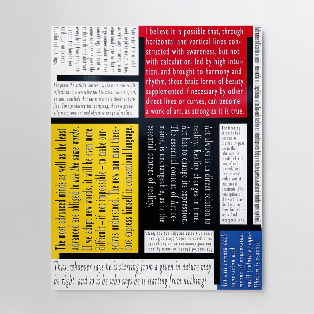 Joseph Kosuth, 'Mondrian's Work VIII' (Tableau 2005), 2022-2023: 99.6 x 80 x 1,3 cm. UV digital pigment print with glossy protective layer on aluminum, mounted on aluminum frame. Signed on a label on the reverse: Kosuth (black fineliner) and numbered: 15/15 (pencil