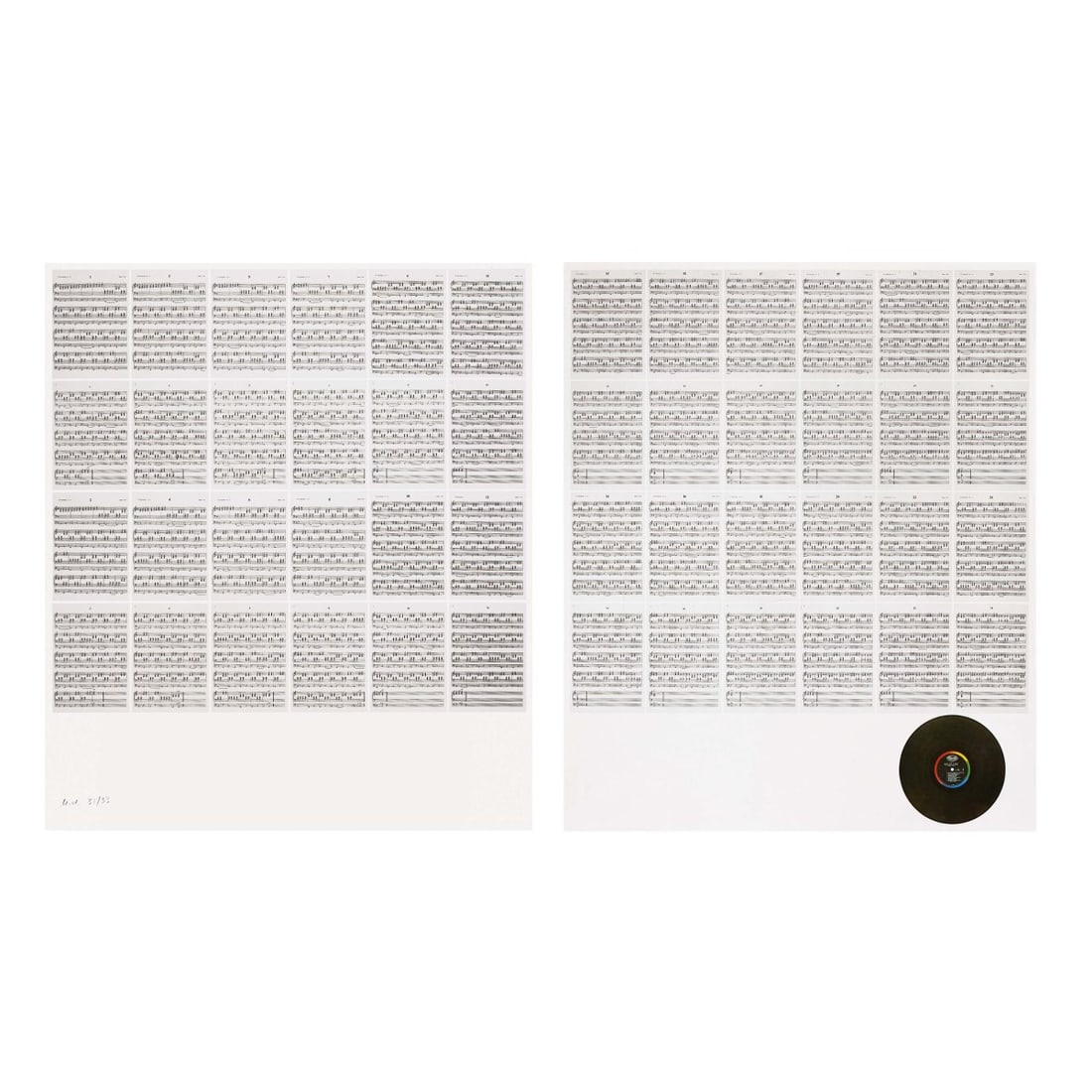 Hanne Darboven, '24 Gesänge', 1990: Each 155 x 133 cm. Two-part screen print on rag paper, one paper with collage, two CDs. On the uncollaged print monogrammed: HD and inscribed: HC (pencil). HC copy next to an edition of 33 copies.