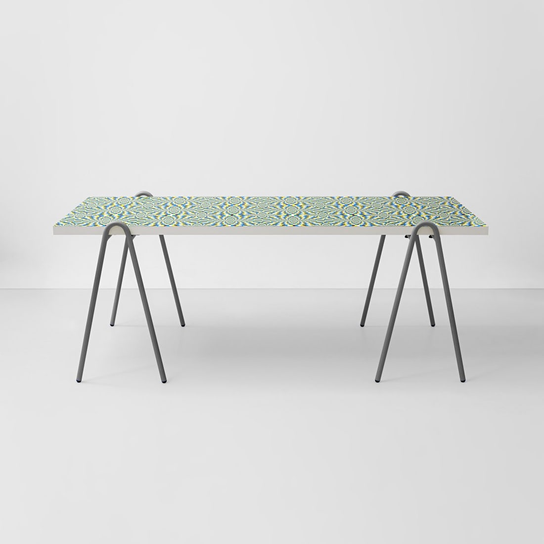 Tobias Rehberger; Jörg Schellmann, 'Studio Desk - Tobias Rehberger' table, 2019: Table top: 200 x 90 x 75 cm. Trestles 94 x 43 x 78 cm. Table: Schellmann Art, Munich; Trestles: Thonet, Frankenberg. Table top with a motif of Tobias Rehberger, signed a. numbered 30 by the artist on