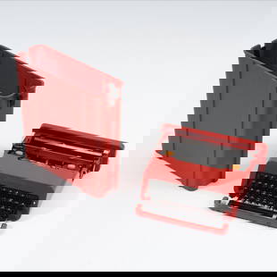 Ettore Sottsass, 'Valentine S' typewriter, 1969: H. 11.5 x 34.5 x 35 cm. Olivetti, Ivrea. Red ABS plastic housing, red plastic box, rubber, black. Marked: Manufacturer's stamp Olivetti plant Made in Barcelona. Literature: Labaco, Ettore Sottsass, A