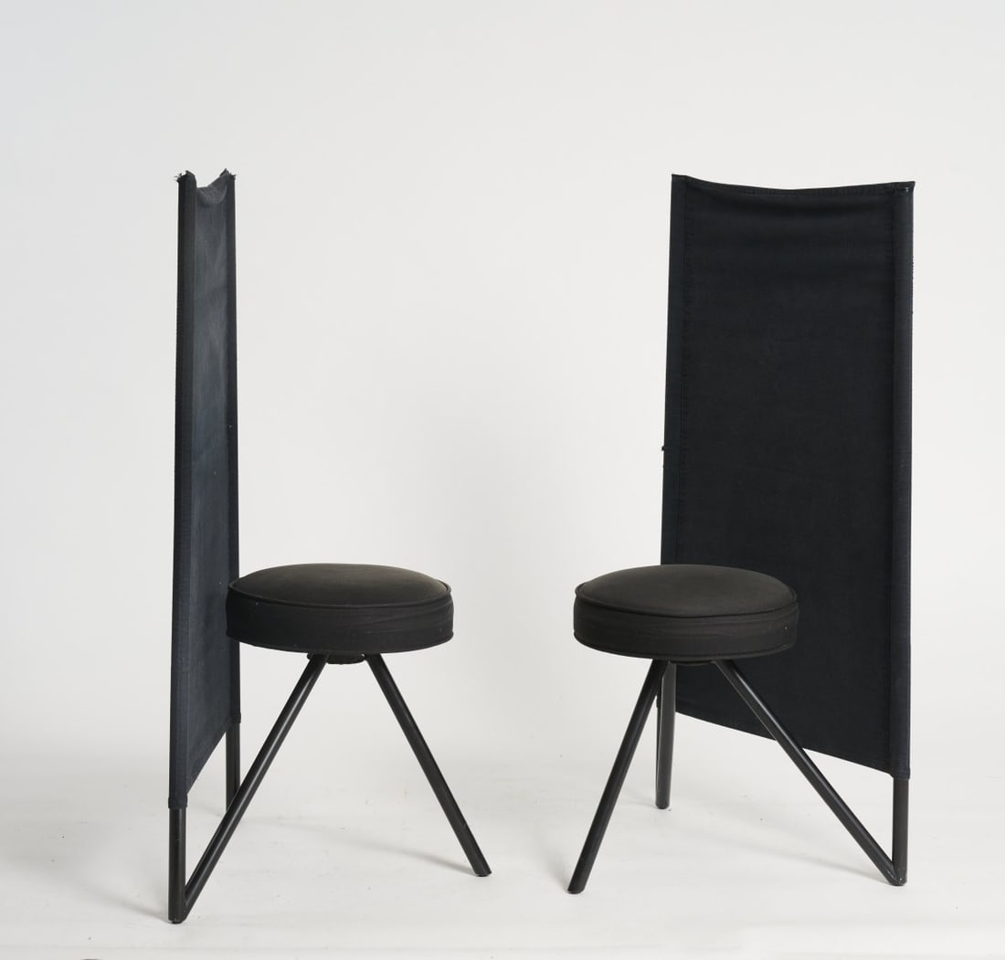 Philippe Starck, Two 'Miss Wirt' chairs, 1982: H. 113 x 56 x 46 cm. Disform, Barcelona. Tubular metal, painted black, black fabric cover. Literature: Boissière, Philippe Starck, Cologne 1991, p. 34.