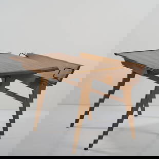 Marcel Gascoin (ATTR.), Desk, 1950s: <p>H. 70.5 x 103 x 80 cm. <br />L'Arhec - Am&eacute;nagement Rational de l'Habitation et des Collectivit&eacute;s, France (ATTR). Oak, metal rods painted black.</p><hr>