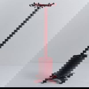 Ettore Sottsass , 'Synthesis 45' coat rack, 1973 (design): <p>H. 152 x 53,5 x 53,5 cm. <br />Olivetti, Ivrea. <br />Metal tube, metal sheet, painted dark red, plastic, black. </p>