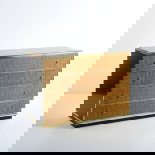 Nucci Valsecchi (ATTR.), Chest of drawers, 1970s: <p>H. 75 x 100 x 48 cm. <br />Vivai de Sud, Rome. <br />Wooden box construction, wood, painted black, brass sheet, rattan weave, black glass.</p>