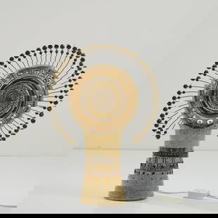Georges Pelletier, 'Soleil' table light, 1970s: <p>H. 52.5 cm, Ø 35 cm. <br />Earthenware, glazed white and gilded, metal wire. <br />Marked: PELLETIER (gold, handwritten).</p>