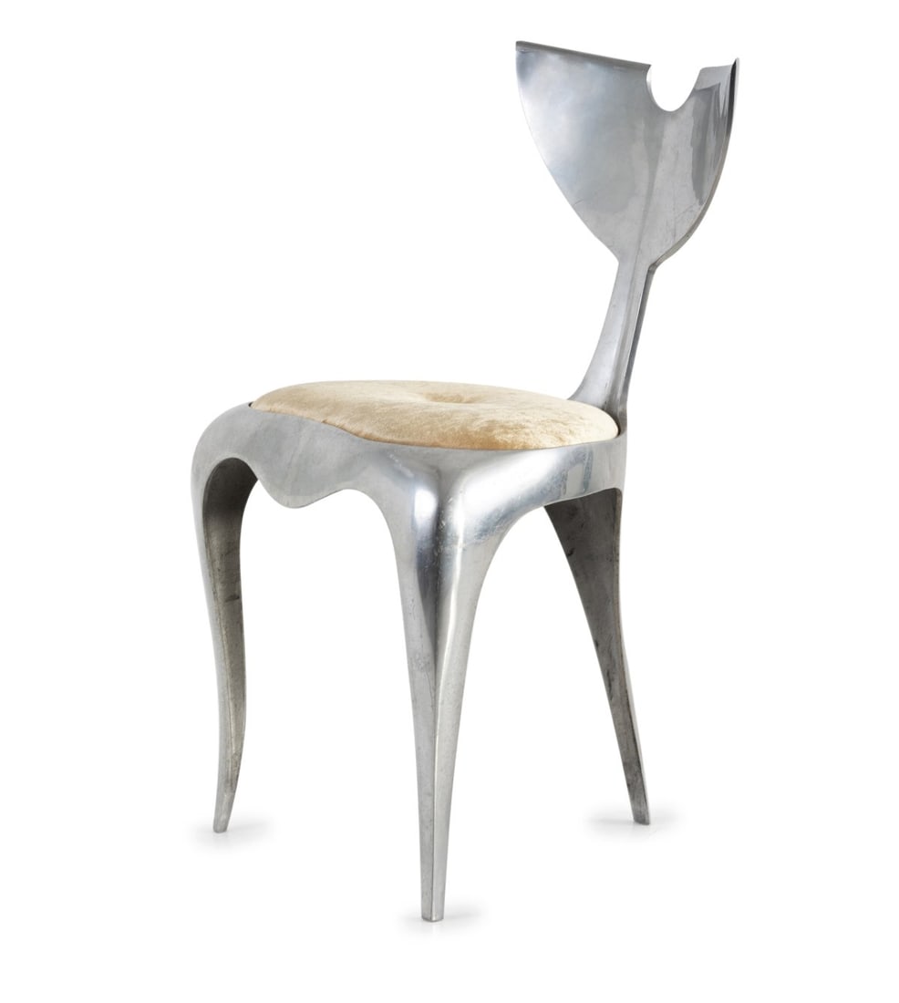 Mark Brazier-Jones, 'Whaletail' chair, 1989: <p>H. 85 x 48 x 46.5 cm. <br />Studio Mark Brazier-Jones, Buckland, Buntingford. <br />Cast aluminum, yellow fabric. <br />Marked: Mark Brazier Jones, geritzt: A 19/ 300 (incis