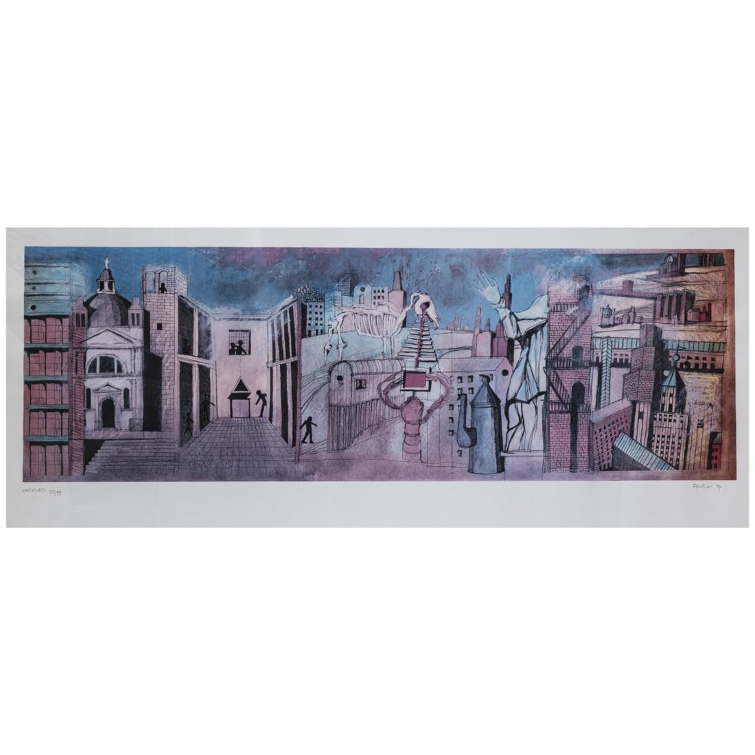 Aldo Rossi (1931 Milan - 1997 ibid), Untitled, 1990: <p>Color offset lithograph on paper. 46.0 x 141.0 cm (image), 70.5 x 160.0 cm (frame). Inscribed lower left: UNTITLED and numbered: 21/99, signed lower right: Aldo Rossi and dated: (19)90 (penci