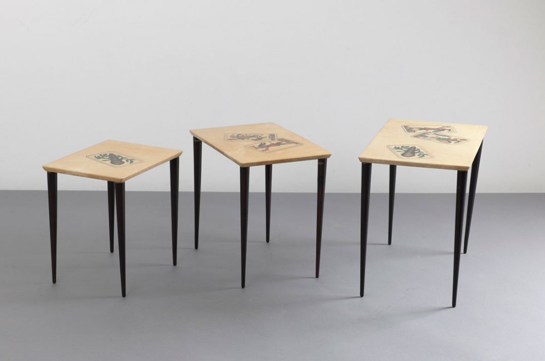 Aldo Tura. Three nesting tables, 1950s. H. 35-40 x 33.5: Aldo Tura. Three nesting tables, 1950s. H. 35-40 x 33.5-50 x 26-30 cm. Made by Tura, Milan. Wood, painted black, kid leather, printed playing card pattern, clear lacquer.