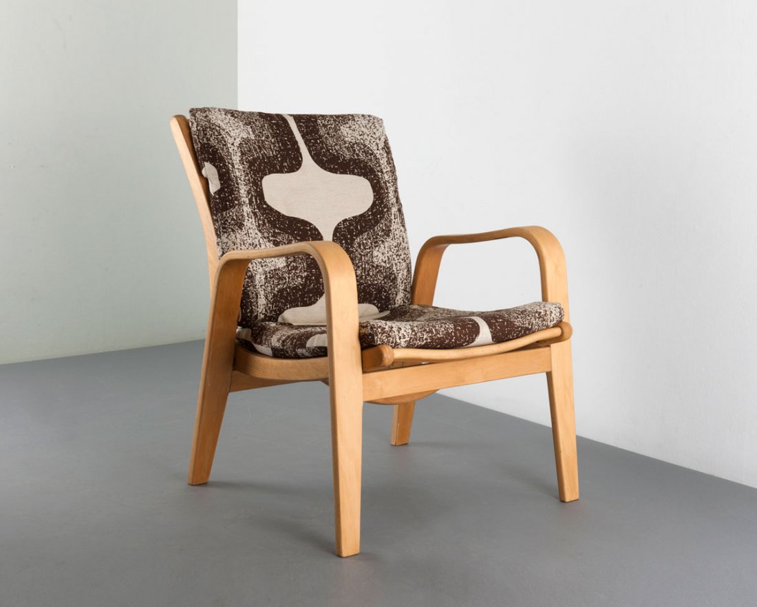 Cees Braakman. 'FB 06' armchair, c1951. H. 78 x 60.5 x : Cees Braakman. 'FB 06' armchair, c1951. H. 78 x 60.5 x 76 cm. Made by UMS Pastoe, Utrecht. Birch plywood, brown/white fabric.