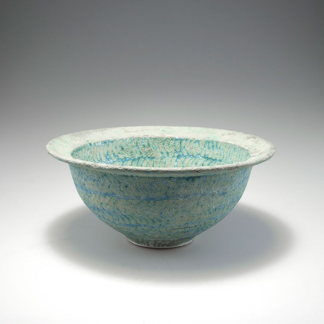 Peter Fraser Beard. Bowl, c1980. H. 14 cm; D. 31.7 cm. : Peter Fraser Beard. Bowl, c1980. H. 14 cm; D. 31.7 cm. Earthenware, glazed turquoise and white. Marked: PFB, maker's mark, M 92.