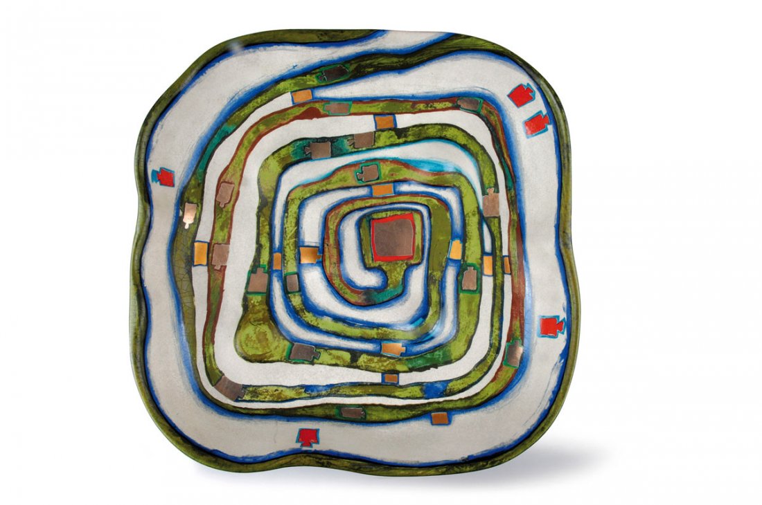Friedensreich Hundertwasser. 'Spiralental' decorative p: Friedensreich Hundertwasser. 'Spiralental' decorative plate, 1983. H. 6.5 x 36.3 x 36.3 cm. Earthenware, glazed pink/grey, slight craquelure, silver and gold. Marked: HUNDERTWASSER 1983 (857), SPIRALE