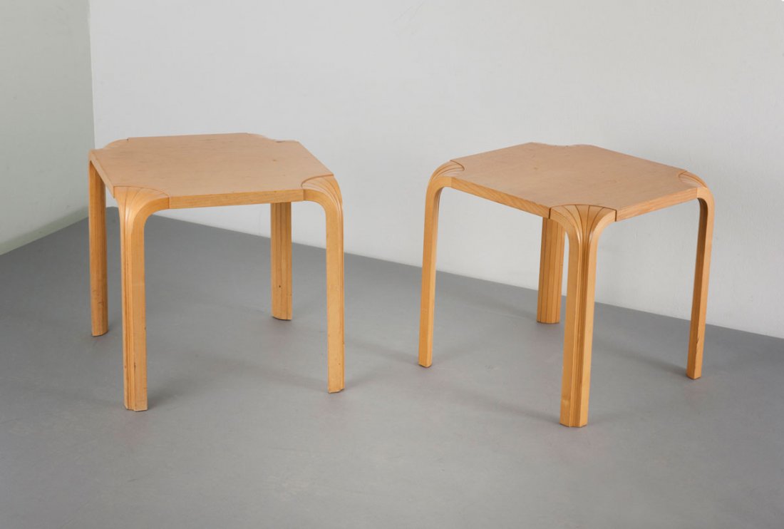 Alvar Aalto. Two 'X601' stools, 1954. H. 45 x 45 x 45 : Alvar Aalto. Two 'X601' stools, 1954. H. 45 x 45 x 45 cm. Made by Artek, Helsinki. Ash wood, plywood. Marked: maker's and designer's data.