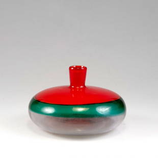 Luciano Vistosi. Vase, c1964. H. 10.9 cm. Made by Vetre: Luciano Vistosi. Vase, c1964. H. 10.9 cm. Made by Vetreria Vistosi. Clear cased glass, fused layers, red, white and green.