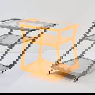 Felix Kayser, Anthroposophical tea trolley '1296', 1930s: <p>H. 63 x 78 x 41 cm. <br />Schiller-M&ouml;bel, Stuttgart. <br />Elm, plywood, clear glass.</p>