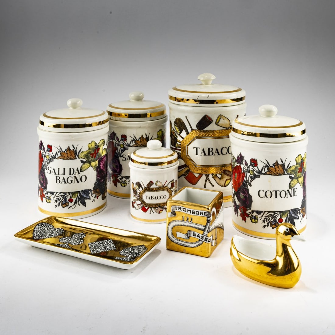 Piero Fornasetti, Five jars and a collection of containers, 1960s (design) (1 of 2)