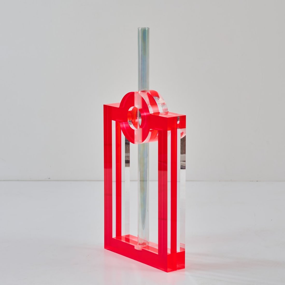 Andrea Anastasio, Sculpture from the 'Ospiti' series, 1999: <p>H. 80.5 x 36 x 8.7 cm. <br />Fusina, Vicenza for Design Gallery Milano. <br />Plexiglas, colorless and pink, iridescent gray glass. <br />Marked: ANDREA ANASTASIO FOR DESIGN