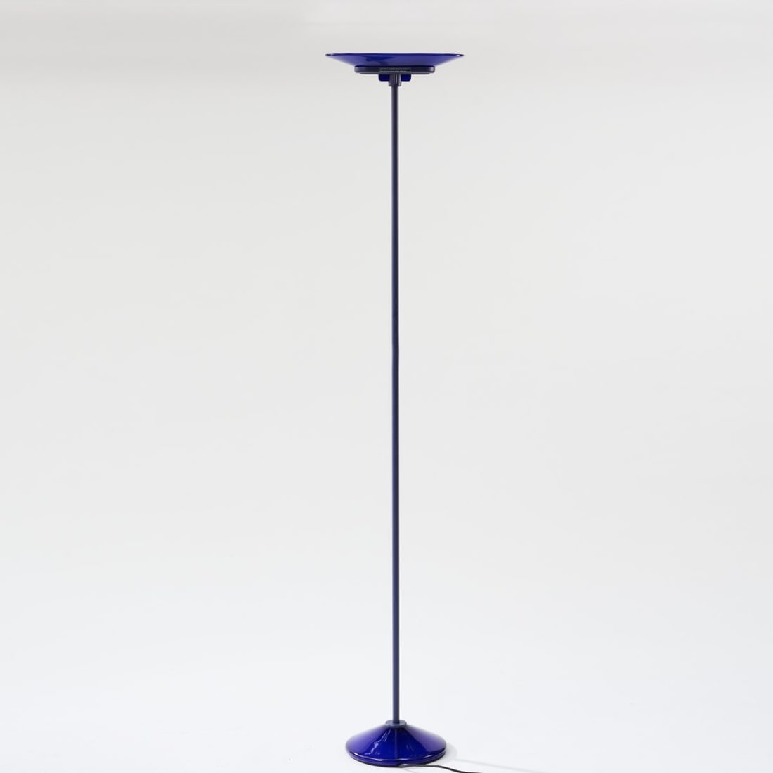 Perry King; Santiago Miranda; Gianluigi Arnaldi, 'Jill' floor lamp, 1979: <p>H. 194.5 cm. <br />Arteluce, Milan. <br />Sheet metal, tubular metal painted violet, blue glass.<br />Marked: manufacturer's stamp, manufacturer's sticker.</p><hr&g