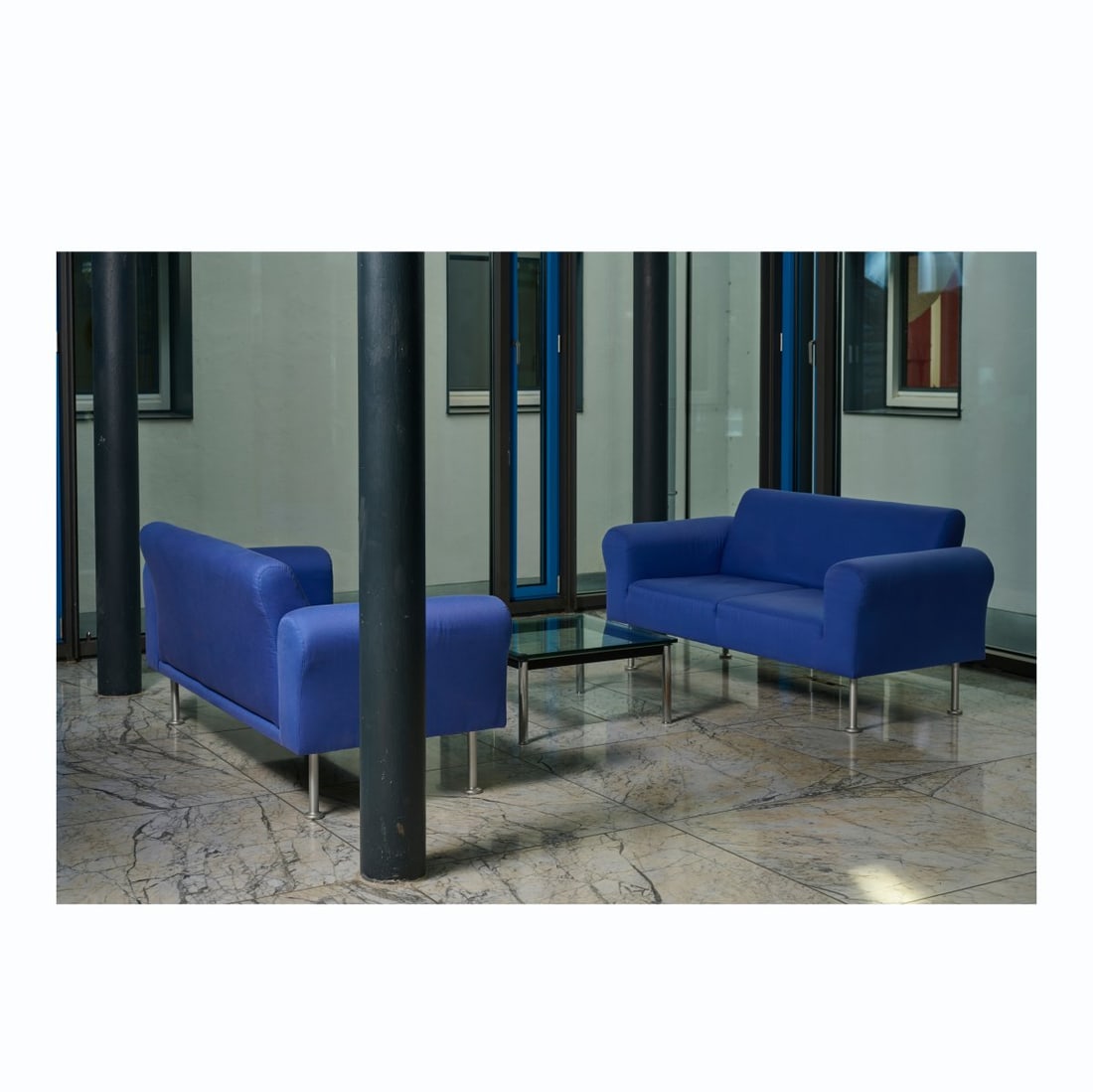 Jasper Morrison , Two Sofas 'Sofa', 1993: <p>H. 80 x 171 x 80 cm. <br />Vitra, Birsfelden. <br />Cast aluminum, anodized, blue upholstery fabric.</p>