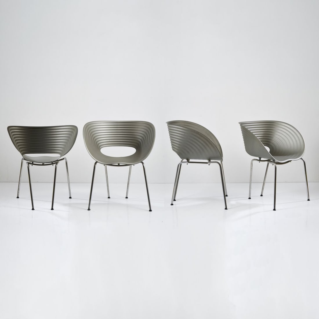 Ron Arad, Four 'Tom Vac' chairs, 1997 (design): <p>H. 79.5 x 68.5 x 62 cm. <br />Arad Ron Associates, London, 1997. <br />Chrome-plated metal tube, aluminum sheet. Inscription: facsimile signature, numbers 113 - 116/500 (incised).