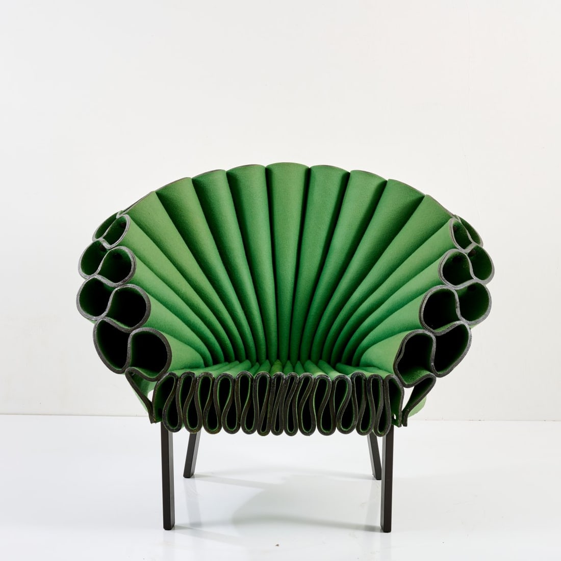 Dror Benshetrit, Armchair 'Peacock', 2009 (design): <p>H. 87 x 115 x 95 cm. <br />Cappellini, Milan. <br />Square metal tubing, green felt. Marked with makers mark (stamp)</p>