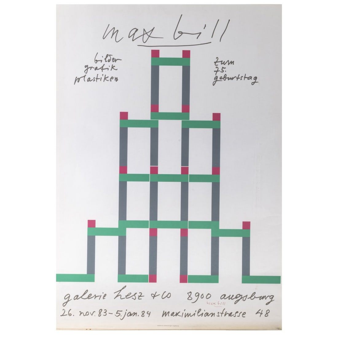 Herbert Bayer; Max Bill, Two posters: 50 years of Bauhaus Stuttgart, 1968 and Max Bill Exhibition: <p>59.3 x 41.8 cm and 84.0 x 59.5 cm. <br />2 sheets color serigraphy on paper. <br />Bauhaus poster published by the W&uuml;rttembergischer Kunstverein Stuttgart. The latter sig