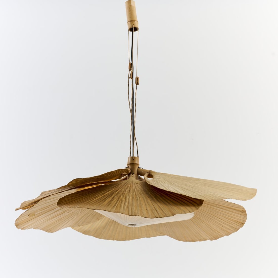 Ingo Maurer , Ceiling light 'Hana II' from the 'Uchiwa' series, 1974: <p>H. max. 93 cm, &Oslash; 84 cm. <br />Design M, Ingo Maurer, Munich.<br />Bamboo cane, rice paper, fabric, cream-white.</p><hr><p>Literature:</p><p&g