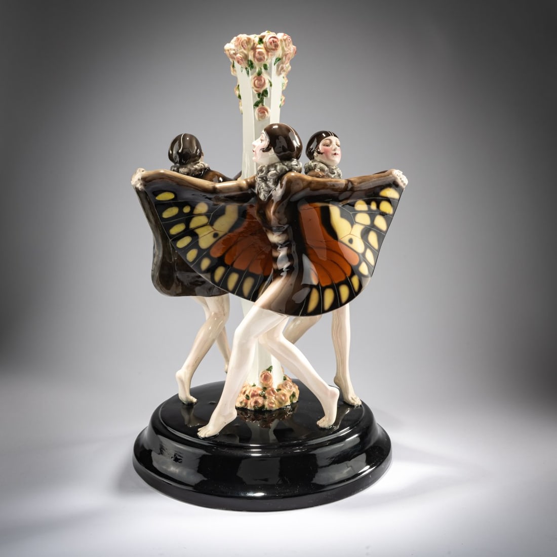 Josef Lorenzl, 'Captive Bird' group as lamp base, c. 1922: <p>H. 52.5 cm. Execution: Friedrich Goldscheider, Vienna. Earthenware, polychrome glaze. Bottom marked: Goldscheider Wien, MADE IN AUSTRIA HAND-DECORATED (black glaze stamp), 5530 5 10 (stamped)