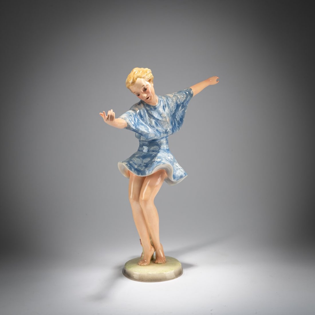 Josef Lorenzl, 'Dancing Harmony', c. 1941: <p>H. 38.5 cm. Execution: Friedrich Goldscheider, Vienna. Earthenware, polychrome glaze. Bottom marked: MADE IN AUSTRIA, Goldscheider Wien (black glaze stamp), 87137 (embossed), handwritten mark