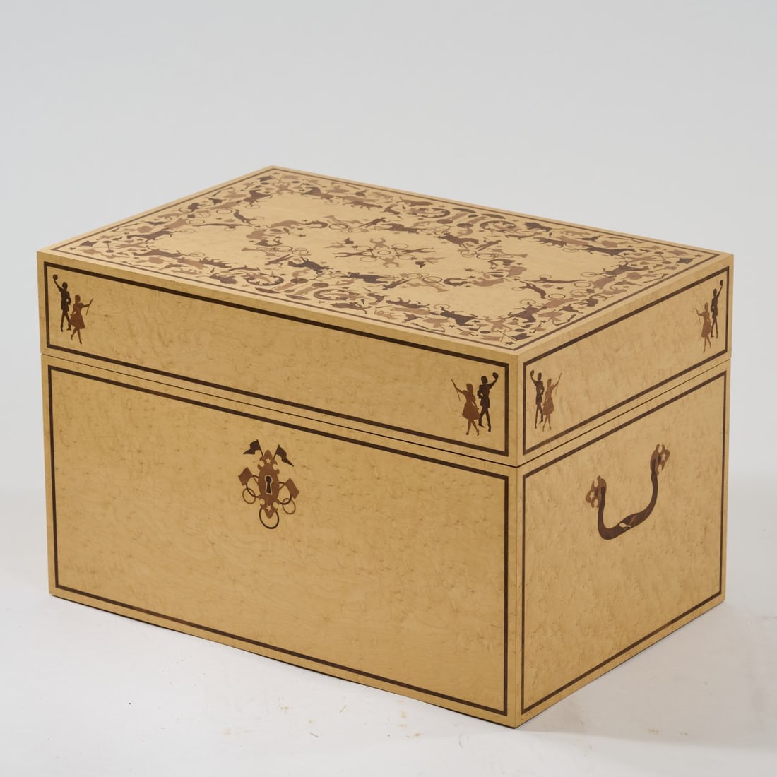 Job Smeets; Nynke Tynagel, 'Chest with circus scene', 2002: <p>H. 44.5 x 69 x 46 cm. <br />Studio Job, Antwerp, 2002. <br />Box construction; birch burl veneer with marquetry in various woods. <br />Marked: Label with original signature