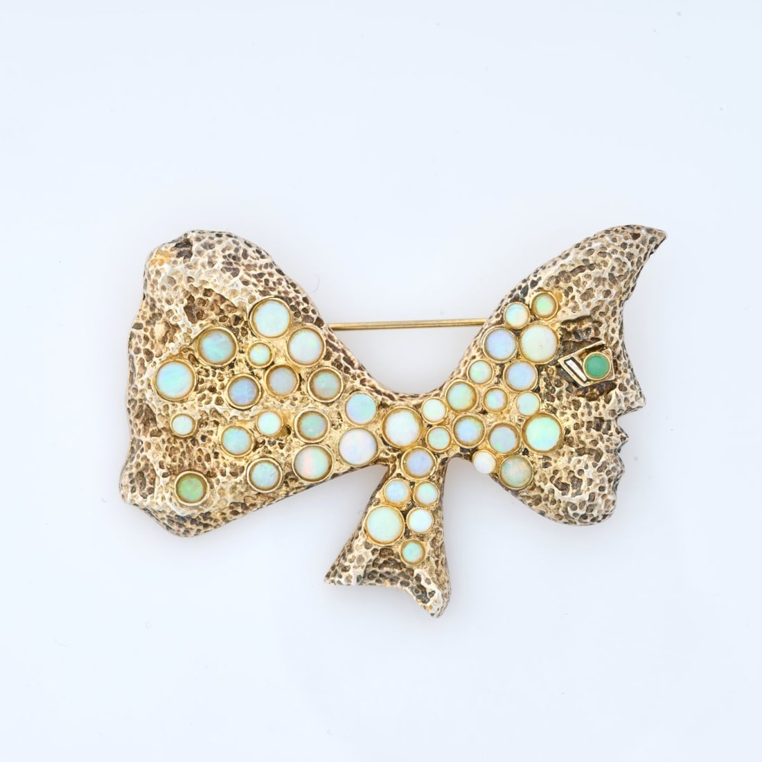 Georges Braque (after), Brooch with opals 'Sélène', circa 1963 (design): <p>Sterling silver, gold-plated, 40 opal cabochons, one chrysoprase cabochon. <br />20.21 grams. 43 x 58 mm. <br />Made by Cas Bernard, 1990s. <br />Stamped: BC, 925, Bijoux de