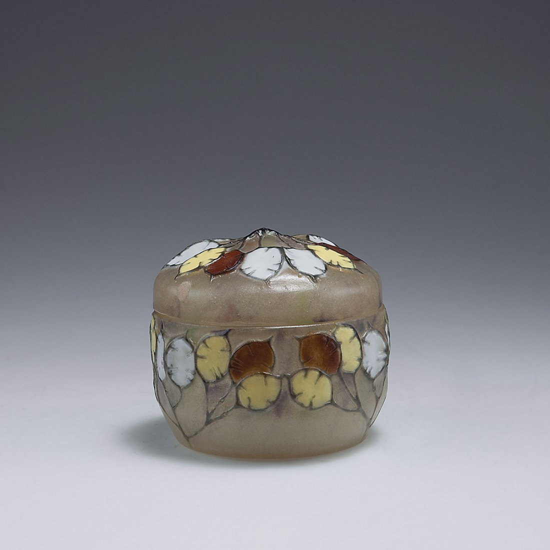 'Monnaie du Pape' lidded vase, 1920: Gabriel Argy-Rousseau, Paris. 'Monnaie du Pape - Honesty', covered vase, 1920. H. 8.2 cm; D. 9.5 cm. Pate de verre, translucid gather, clear and slightly yellow. fused colours, yellow, brown and opaqu