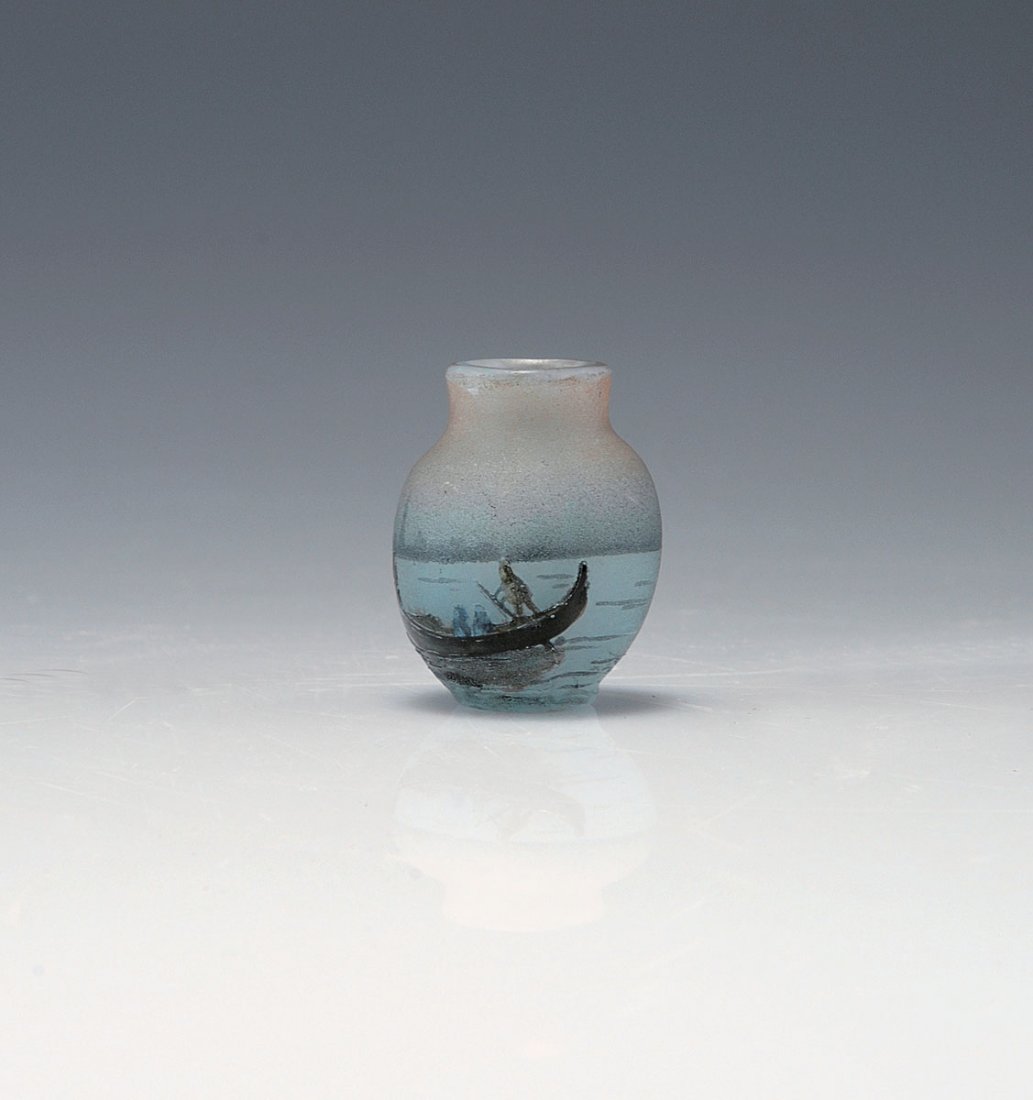 Miniature vase 'Venise', 1907: Daum Freres, Nancy. Miniature 'Venise' vase, 1907. H. 2.7 cm. Cased glass, clear. Cloudy milky white powder inclusions. Etched and enamelled pattern, Grisaille paint. Laguna with the silhouette of Ven