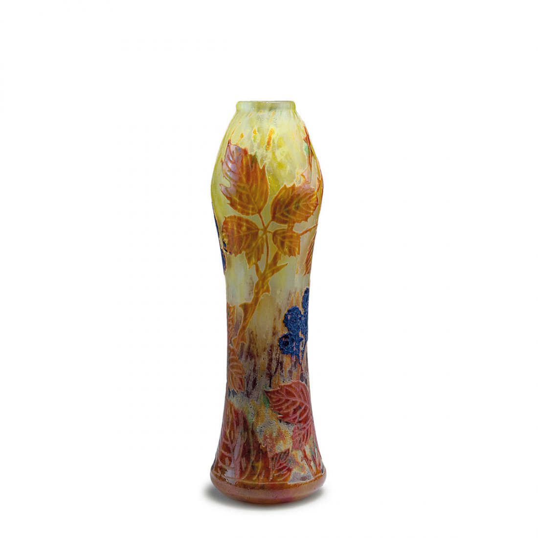 Vase 'M_res', c1909: Daum Freres, Nancy. 'M_res' vase, c1909. H. 24.5 cm. Cased glass, clear, orange, white and dark red powder inclusions, orange and blue enamel fusions. Multiply etched pattern with brambleberries in au