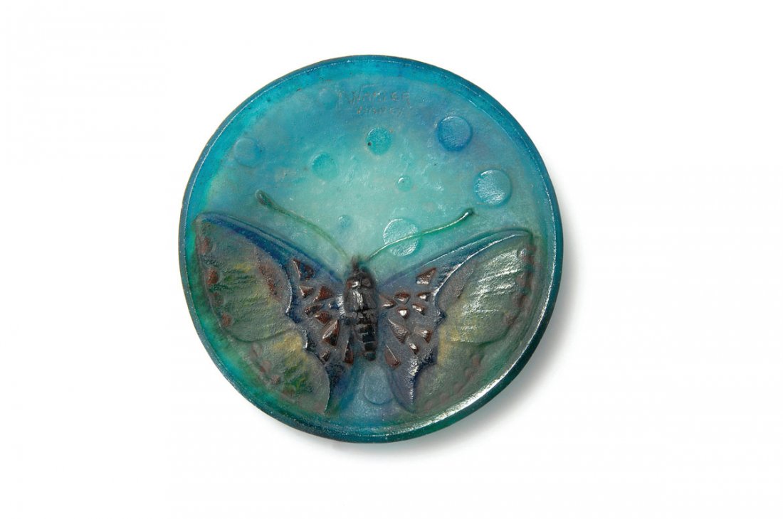 'Papillon' bowl, 1920s: Amalric Walter, Nancy. 'Papillon' bowl, 1920s. D. 12.8 cm. Designed by Henri Berge. Pate de verre, translucid gather, mould-melt, mostly blue, large peacock butterfly, mostly brown and yellow. Signed: