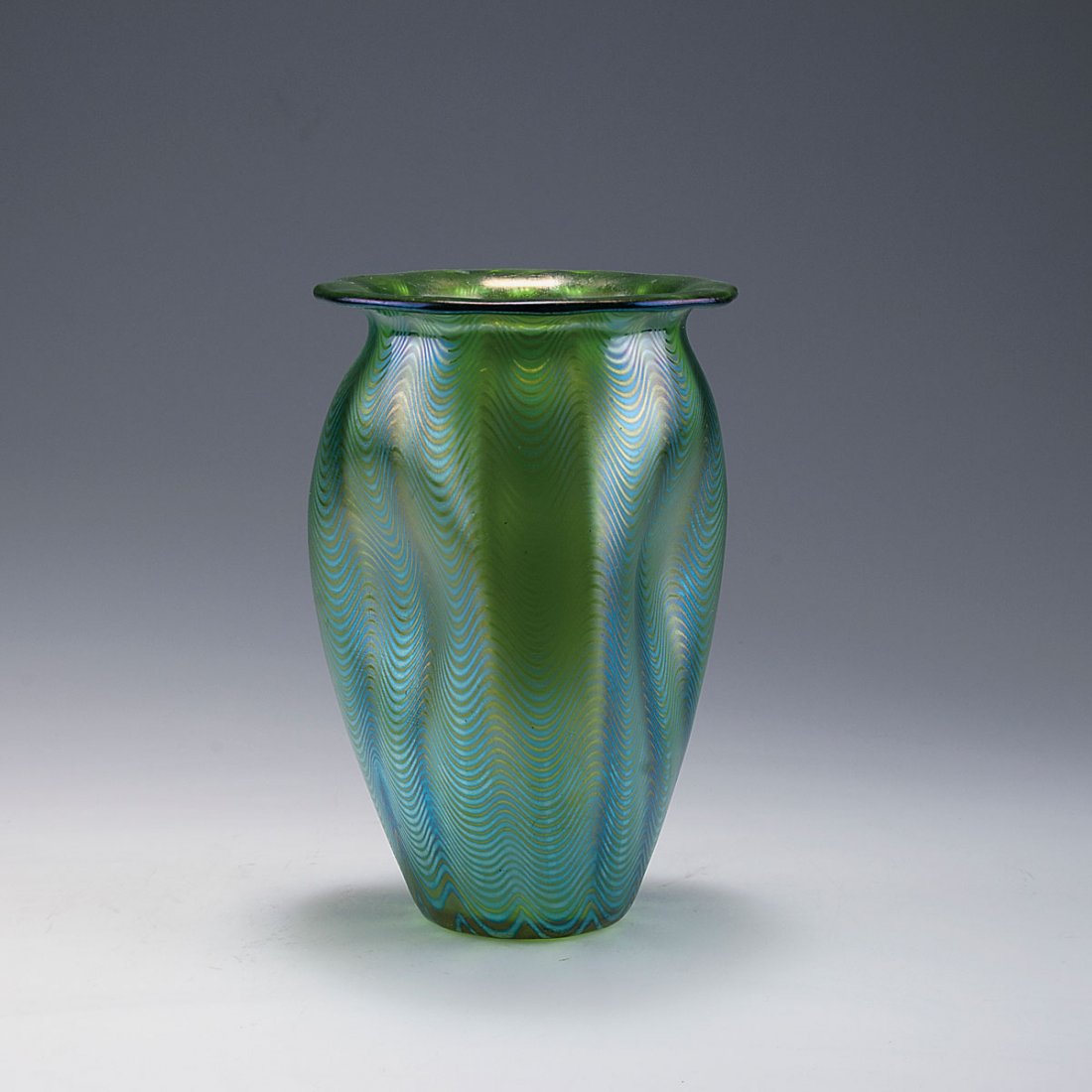 'Ph_nomen' Vase, c1898: Loetz Wwe., Klostermuehle. 'Phaenomen' vase, c1898. H. 18.8 cm. Light green glass, silver yellow threads, Phaenomen Gre 6893, matt mother of pearl lustre.