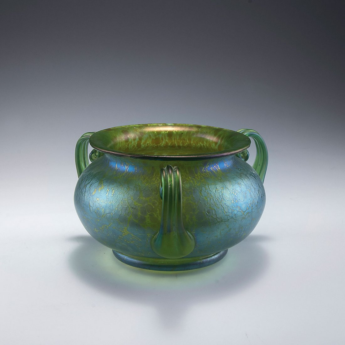 Vase with handles, c1898: Loetz Wwe., Klostermuehle. Vase with handles, c1898. H. 10.2 cm. Green glass, Papillon pattern, matt mother of pearl lustre.