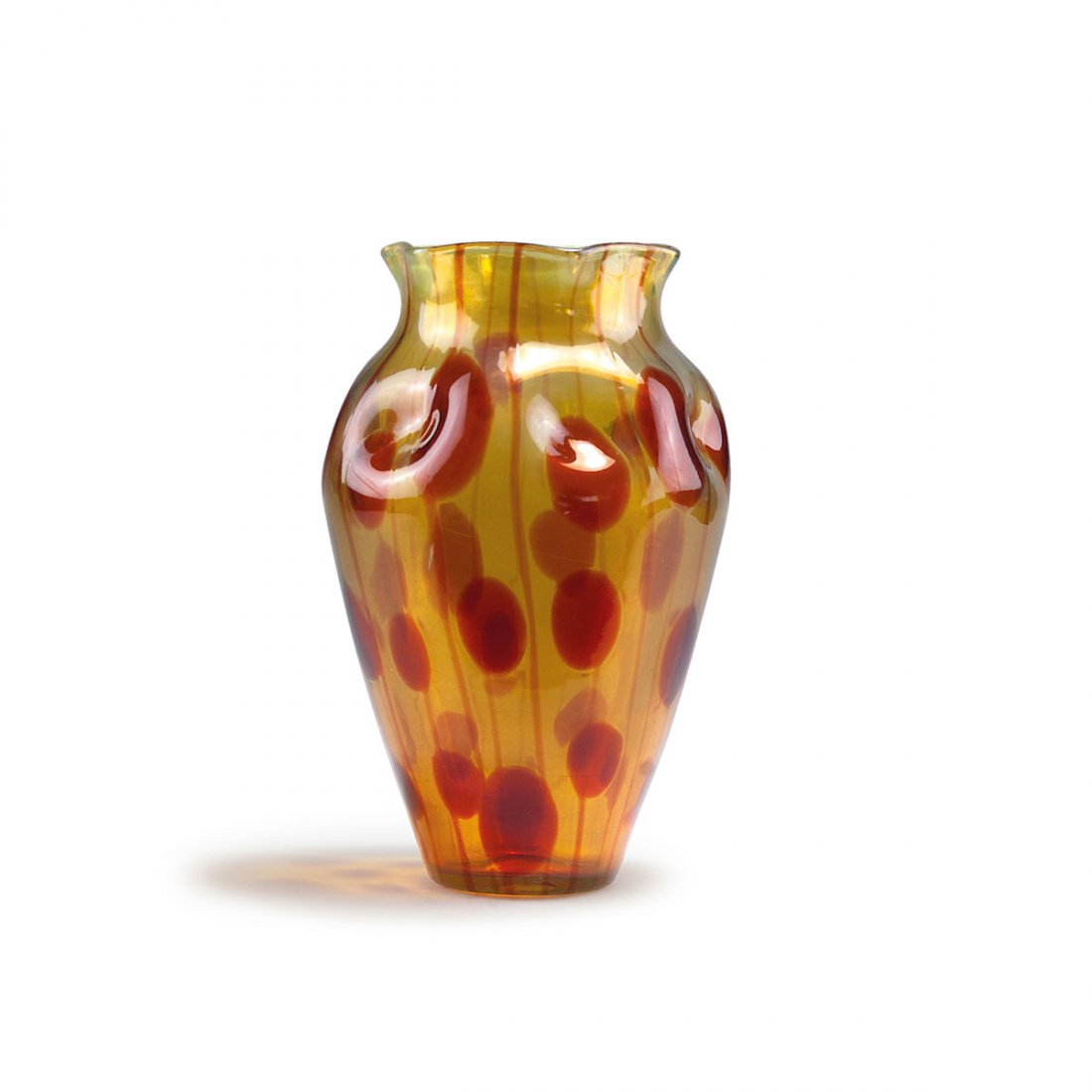 Vase, c1910: Loetz Wwe., Klostermuehle. Vase, c1910. H. 22.5 cm. Cased glass, amber, opalescent and clear, red dots and stripes.