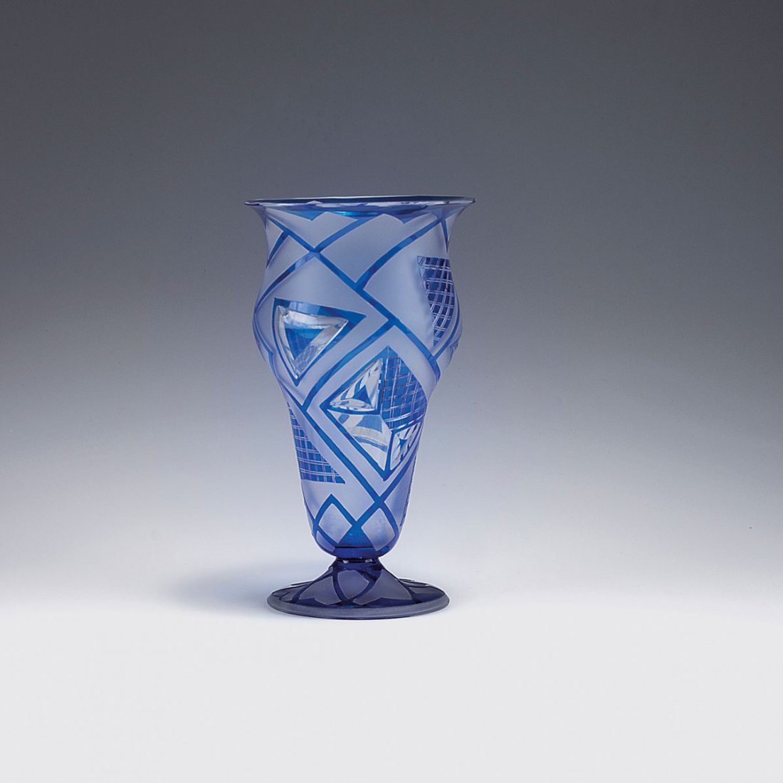 Vase, 1920s: Loetz Wwe., Klostermuehle. Vase, 1920s. H. 18.9 cm. Cased glass, clear and blue, etched and engraved. Matted ground.