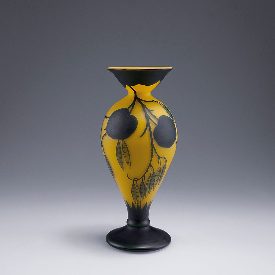 Vase with robinia, c1923-25: Loetz Wwe., Klostermuehle. Vase with robinia, c1923-25. H. 28.3 cm. Cased glass, lemon yellow, clear and blue. Multiply etched pattern with robinias. Signed: Richard.