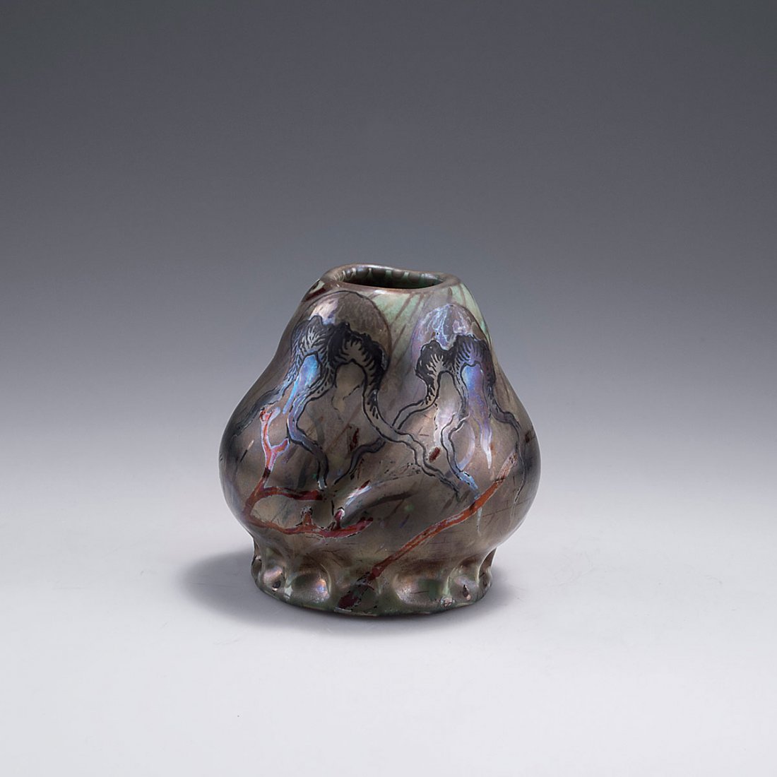 Small vase with underwater scene, c1900: Keller & Guerin, Luneville. Small vase, c1900. H. 10 cm. Earthenware, lustre glaze green and red. Underwater scene with octopus and corals. Marked: LUNEVILLE, KG Luneville, H.